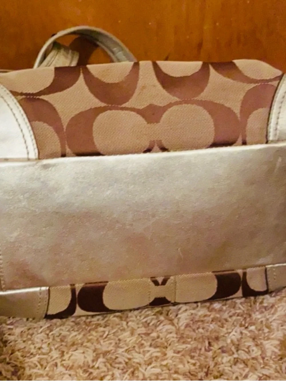 Coach Brown and Cream Signature Logo Tote with Metallic Trim